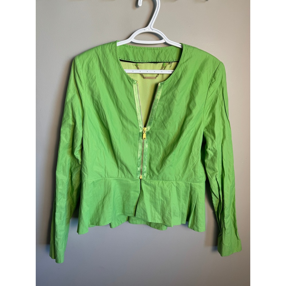 Elie Tahari Womens Green Peplum Half Zip Jacket L Professional Chic Bold